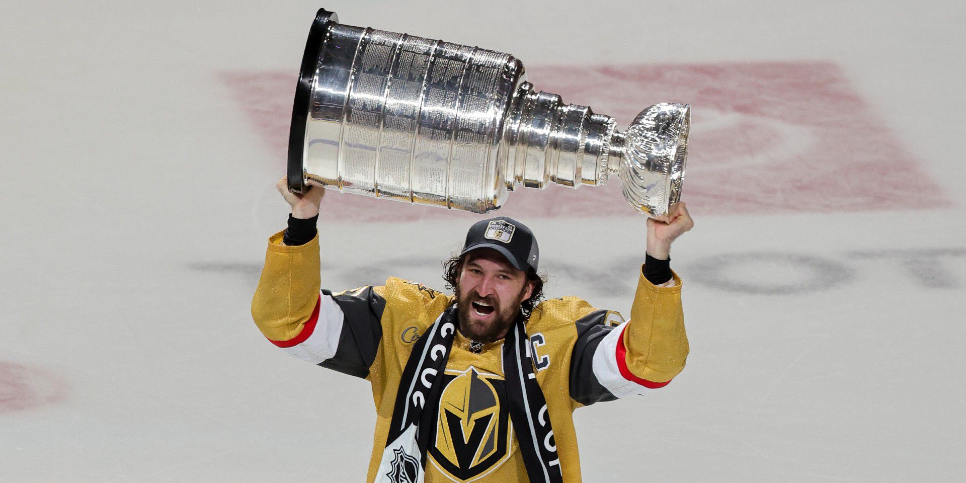 Vegas Golden Knights captain Mark Stone lifts the Stanley Cup.