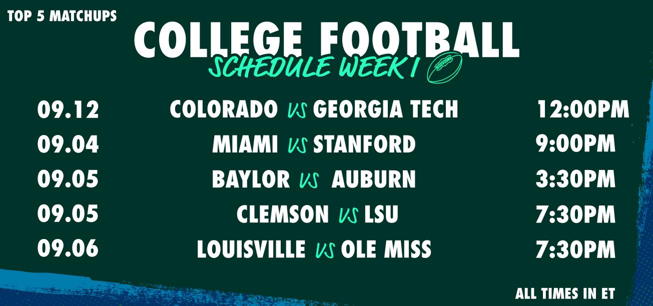 Week 1 College Football Schedule: Colorado v Georgia Tech, Miami v Stanford, Baylor v Auburn, Clemson v LSU, Louisville v Ole Miss