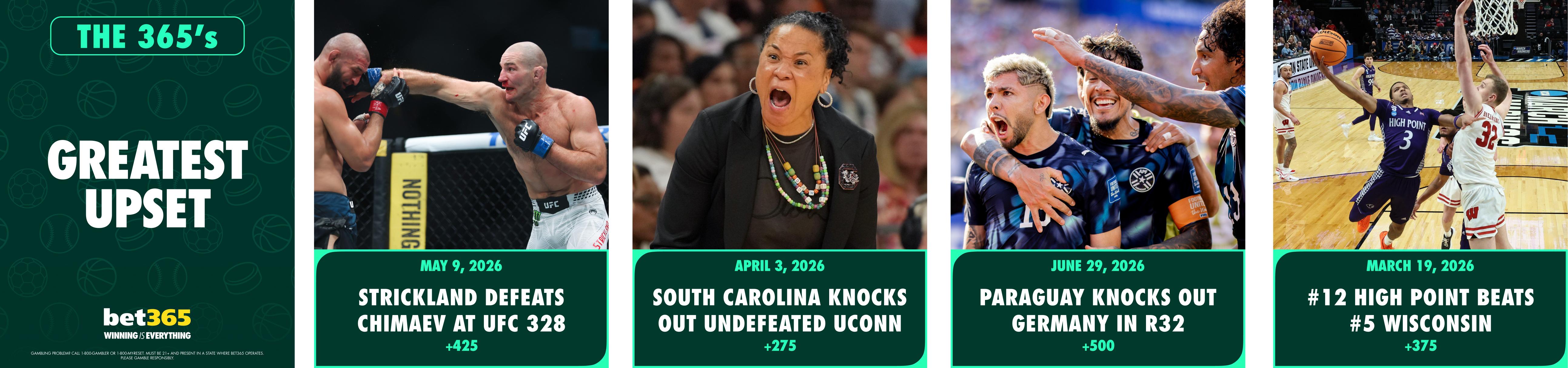 The 365's: Greatest Upsets. Strickland defeats Chimaev at UFC 328; South Carolina knocks out undefeated UConn; Paraguay knocks out Germany in R32; #12 High Point beats #5 Wisconsin.